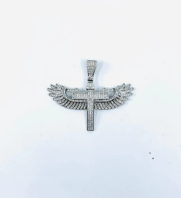 Angel Wings Cross Sterling Silver Charm w /CZ