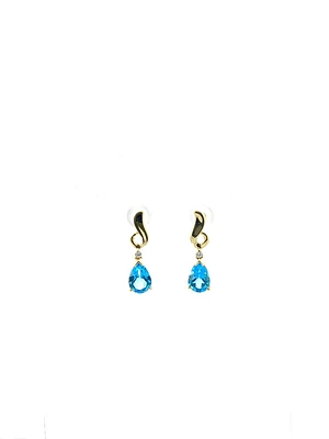 14K Yellow Gold Blue Topaz & 0.03cttw Diamond Earrings