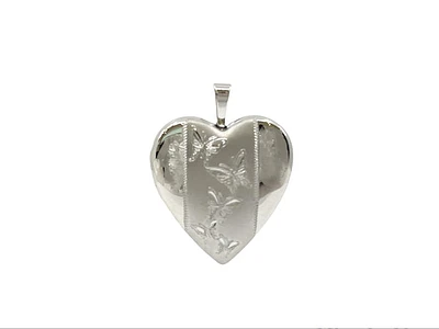 925 Sterling Silver Etched Butterflies Heart Shaped Locket - 19mm x 21mm