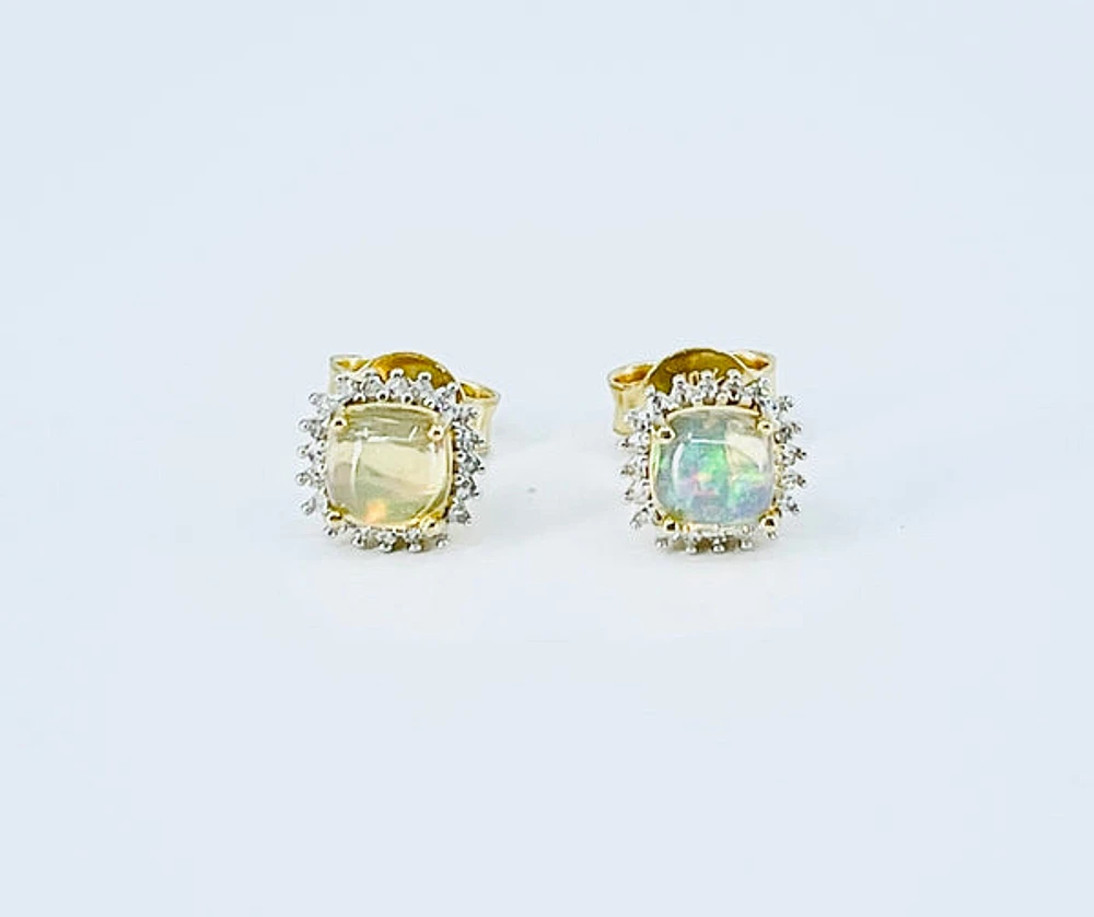 10K Yellow Gold Genuine Opal & Diamond Earrings