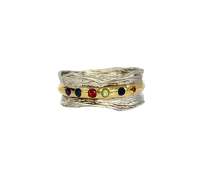 Silver and 18K Yellow Gold Plated Garnet, Amethyst, Sapphire & Peridot Ring, size 6.5