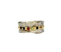 Silver and 18K Yellow Gold Plated Garnet, Amethyst, Sapphire & Peridot Ring, size 6.5