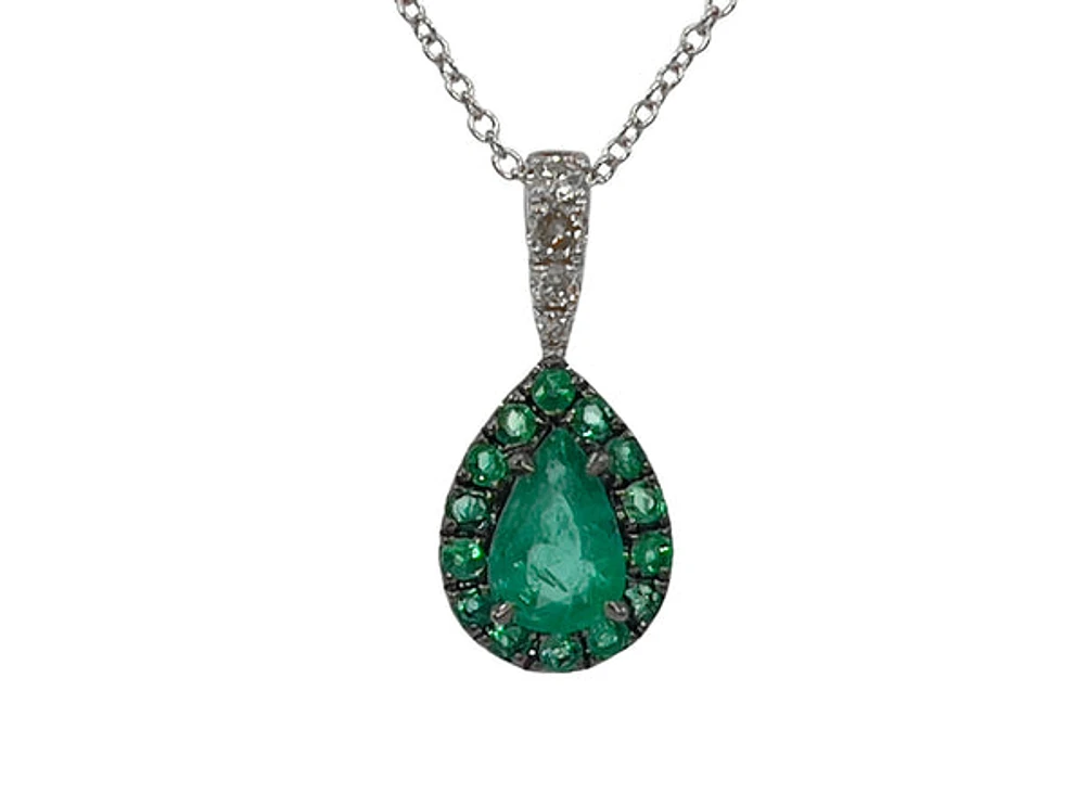 10K White Gold 0.47cttw Pear Cut Emerald and 0.055cttw Diamond Pendant, 18"