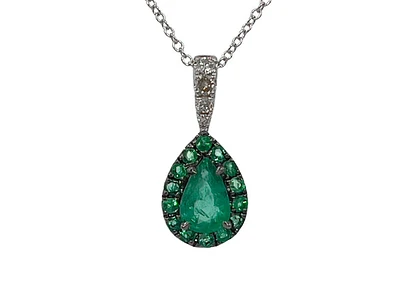 10K White Gold 0.47cttw Pear Cut Emerald and 0.055cttw Diamond Pendant, 18"