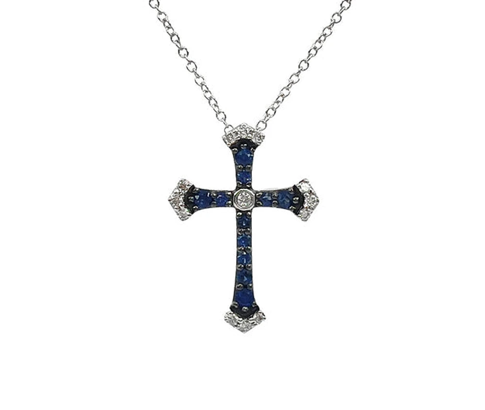 10K White Gold 0.15cttw Sapphire and 0.07cttw Diamond Cross Pendant - 18 inches