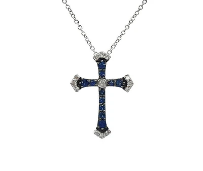 10K White Gold 0.15cttw Sapphire and 0.07cttw Diamond Cross Pendant - 18 inches