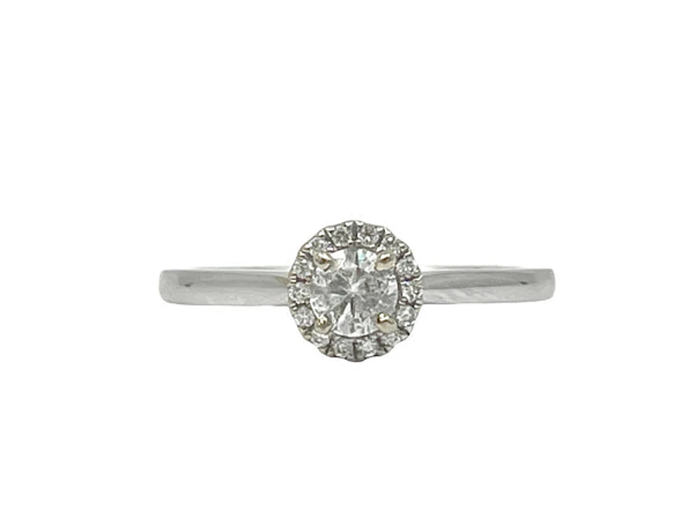 18K White Gold 0.31cttw Round Brilliant Cut Diamond Halo Engagement Ring, size 6.5