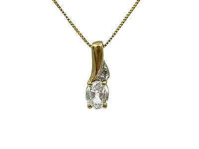 10K Yellow Gold White Zircon and Diamond Pendant, 18"