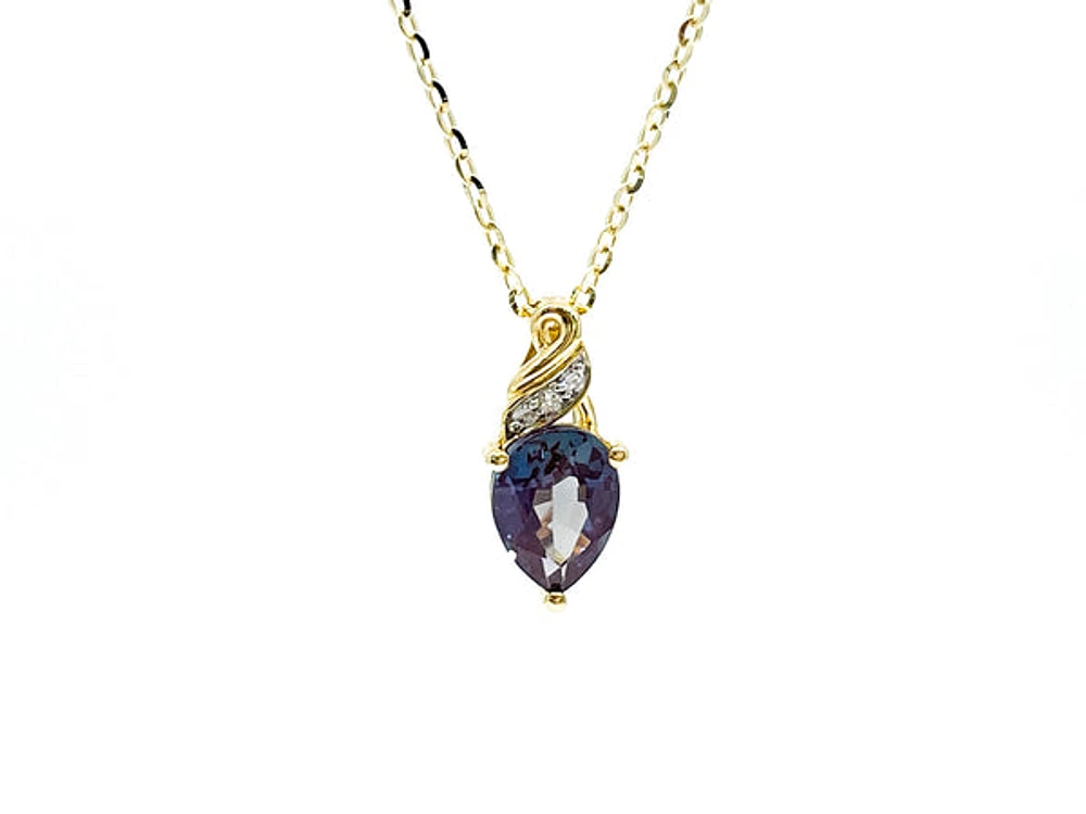 10K Yellow Gold 8x6mm Pear Cut Created Alexandrite and 0.01cttw Diamond Pendant, 18"
