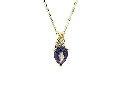 10K Yellow Gold 8x6mm Pear Cut Created Alexandrite and 0.01cttw Diamond Pendant, 18"