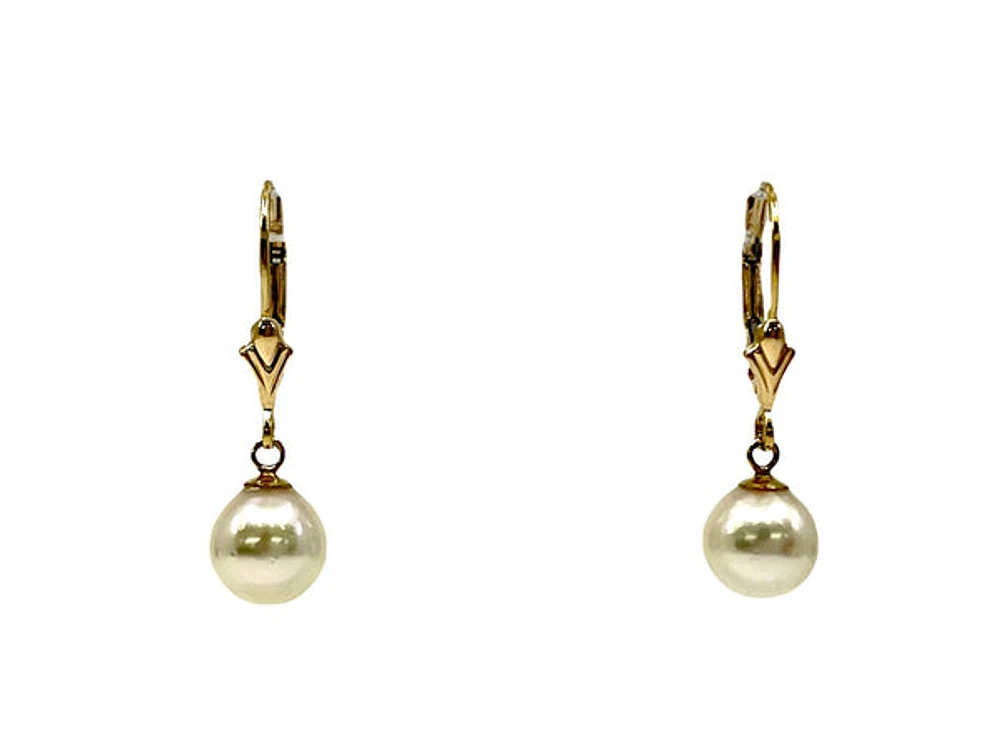 14K Gold 7-7.5mm Cultured Pearl Earrings with Lever Backs