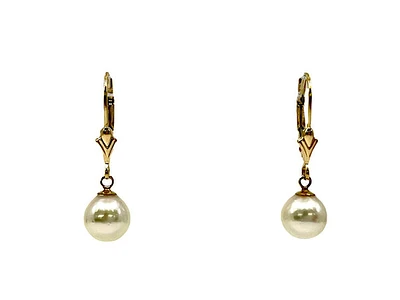 14K Gold 7-7.5mm Cultured Pearl Earrings with Lever Backs