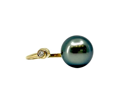 14K Yellow Gold Tahitian Pearl and 0.03cttw Diamond Ring