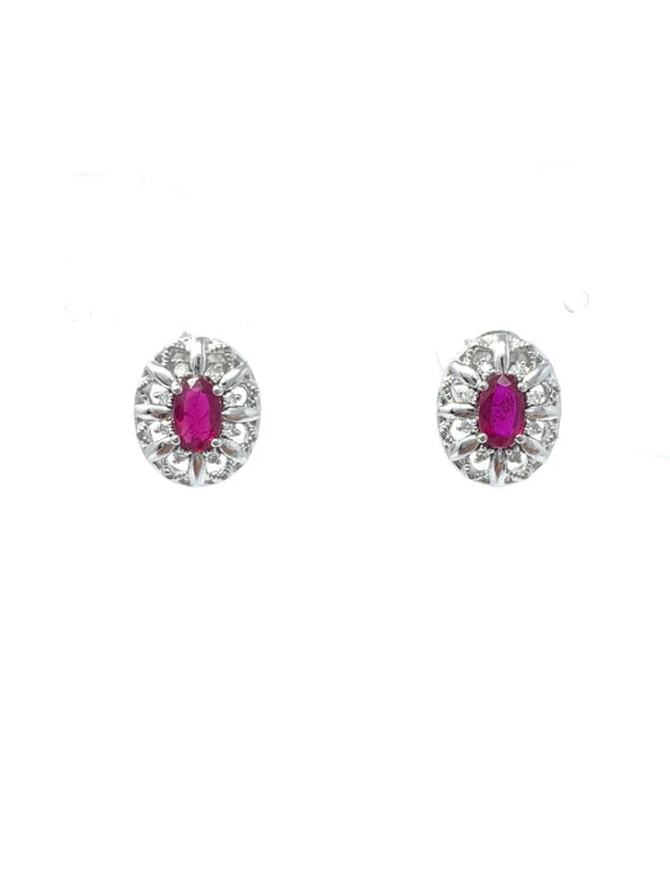 10K White Gold 0.65cttw Genuine Ruby and 0.08cttw Diamond Earrings