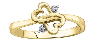 10K Yellow Gold 0.01cttw Diamond Double Heart Ring, size 6.5
