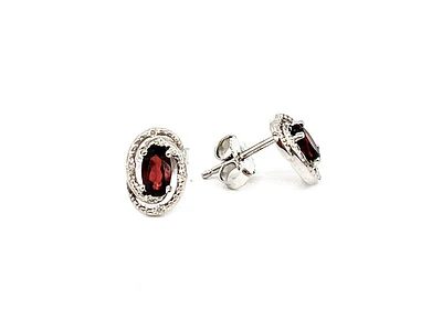 925 Sterling Silver Garnet & Diamond Halo Stud Earrings