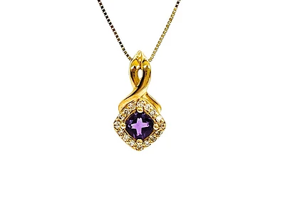 10K Yellow Gold 0.33cttw Genuine Amethyst and 0.08cttw Diamond Halo Pendant, 18"