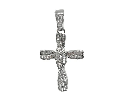 925 Sterling Silver Rhodium Plated Hip Hop Baguettes Cubic Zirconia Cross Pendant - 46mm x 25mm