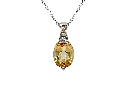 10K White Gold 8x6mm Oval Cut Citrine & 0.022cttw Diamond Pendant, 18"