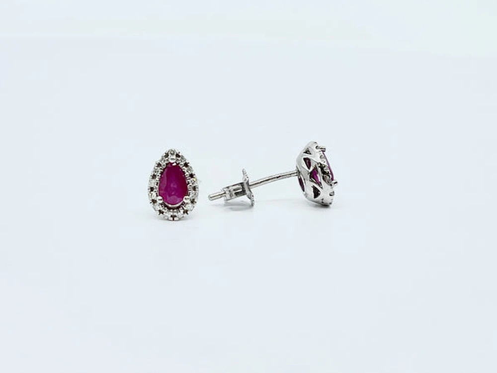 10K White Gold Genuine Ruby and Diamond Earring