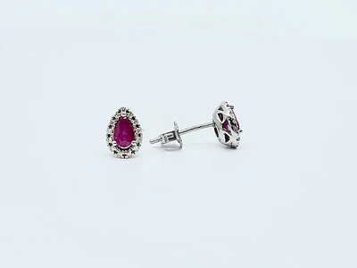 10K White Gold Genuine Ruby and Diamond Earring