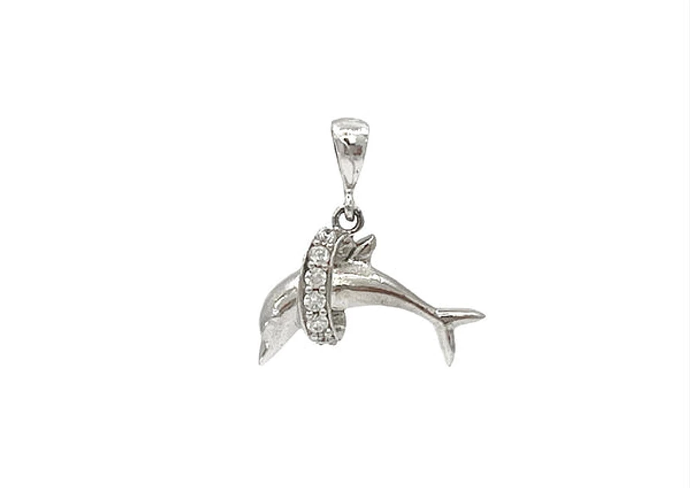10K White Gold Dolphin Cubic Zirconia Charm - 19mm x 16mm