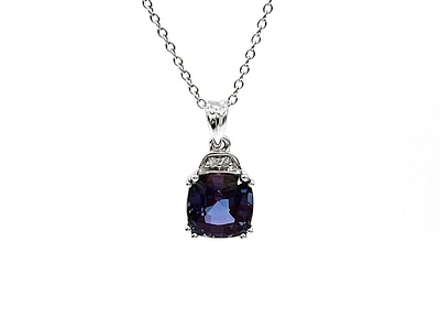 10K White Gold 6mm Cushion Cut Created Alexandrite & 0.01cttw Diamond Pendant, 18"