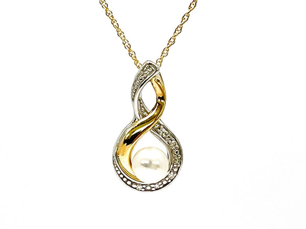 10K 2 Tone Pearl 4.5-5mm and Diamond Pendant, 18"