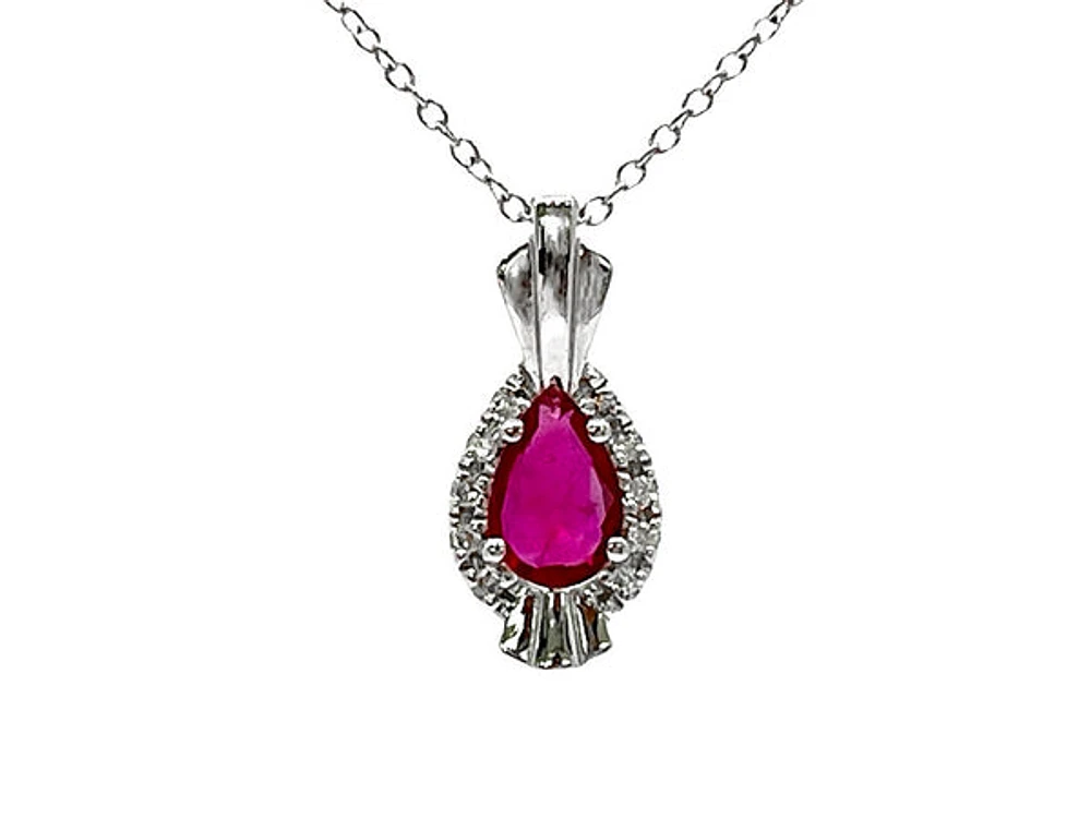 10K White Gold Ruby and Diamond Pendant, 18"