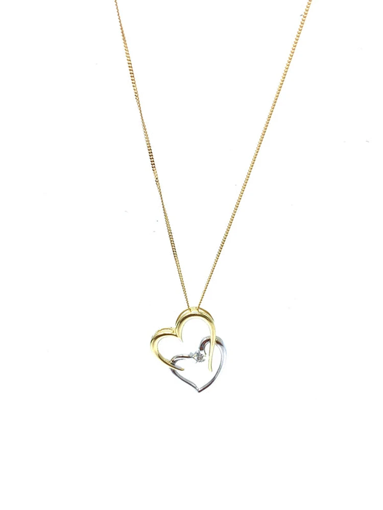 10K White & Yellow Gold 0.041cttw Diamond Double Heart Pendant, 18"
