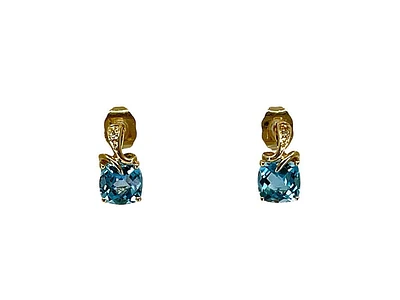 10K Yellow Gold Genuine Swiss Blue Topaz and Diamond Dangle Earrings