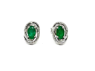 925 Sterling Silver Emerald & Diamond Halo Stud Earrings