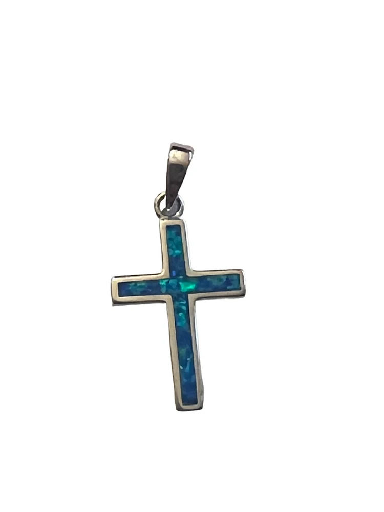 925 Sterling Silver Created Opal Cross Charm