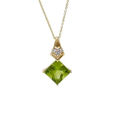 10K Yellow Gold 7mm Princess Cut Peridot and Diamond Pendant