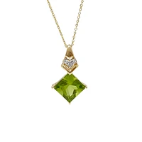 10K Yellow Gold 7mm Princess Cut Peridot and Diamond Pendant