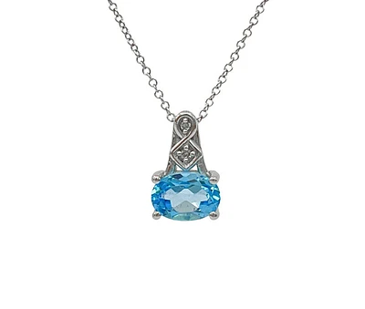 10K White Gold Blue Topaz and Diamond Pendant, 18"