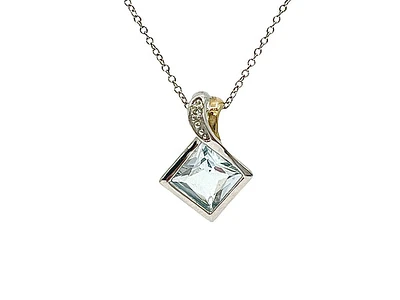 10K White and Yellow Gold 6mm Princess Cut Aquamarine and 0.005cttw Diamond Pendant, 18"