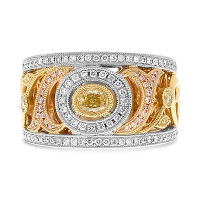 18K Tricolor Fancy Yellow, Pink and White Diamonds Band