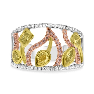 18K Tricolor Fancy Yellow, Pink and White Diamonds Wedding Band with Floral Design