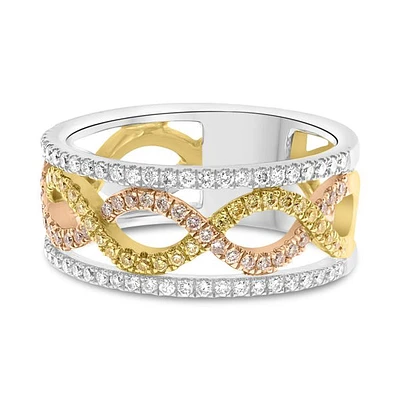 14K Tricolor Fancy Yellow, Pink and White Diamonds Wave Wedding Band