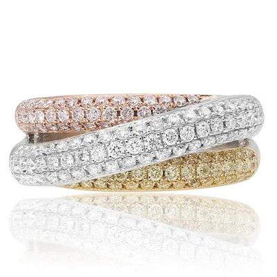18K Tricolor Fancy Yellow, Pink and White Diamonds Overlapping Band