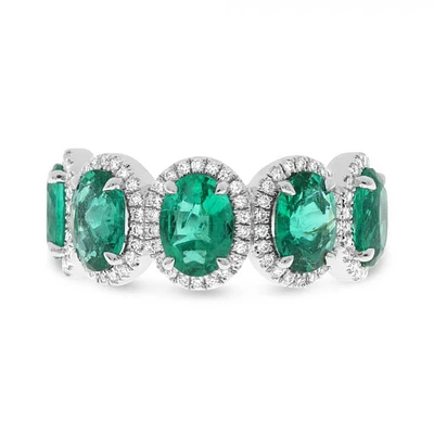 14K White Gold 1.03cttw Oval Cut Emeralds and 0.23cttw Diamond Ring - Size 7