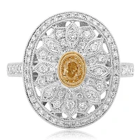 18K 2 Tone Gold Oval Cut Natural Fancy Yellow and White Diamond Antique Cluster Ring