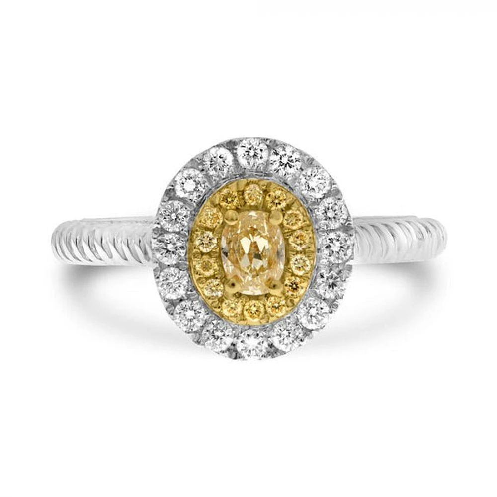 18K 2 Tone Gold Oval Cut Natural Fancy Yellow and White Diamond Braided Shank Cluster Ring