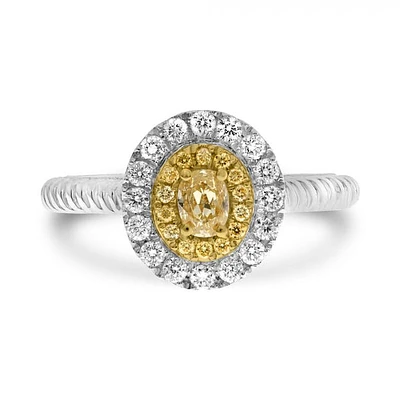 18K 2 Tone Gold Oval Cut Natural Fancy Yellow and White Diamond Braided Shank Cluster Ring