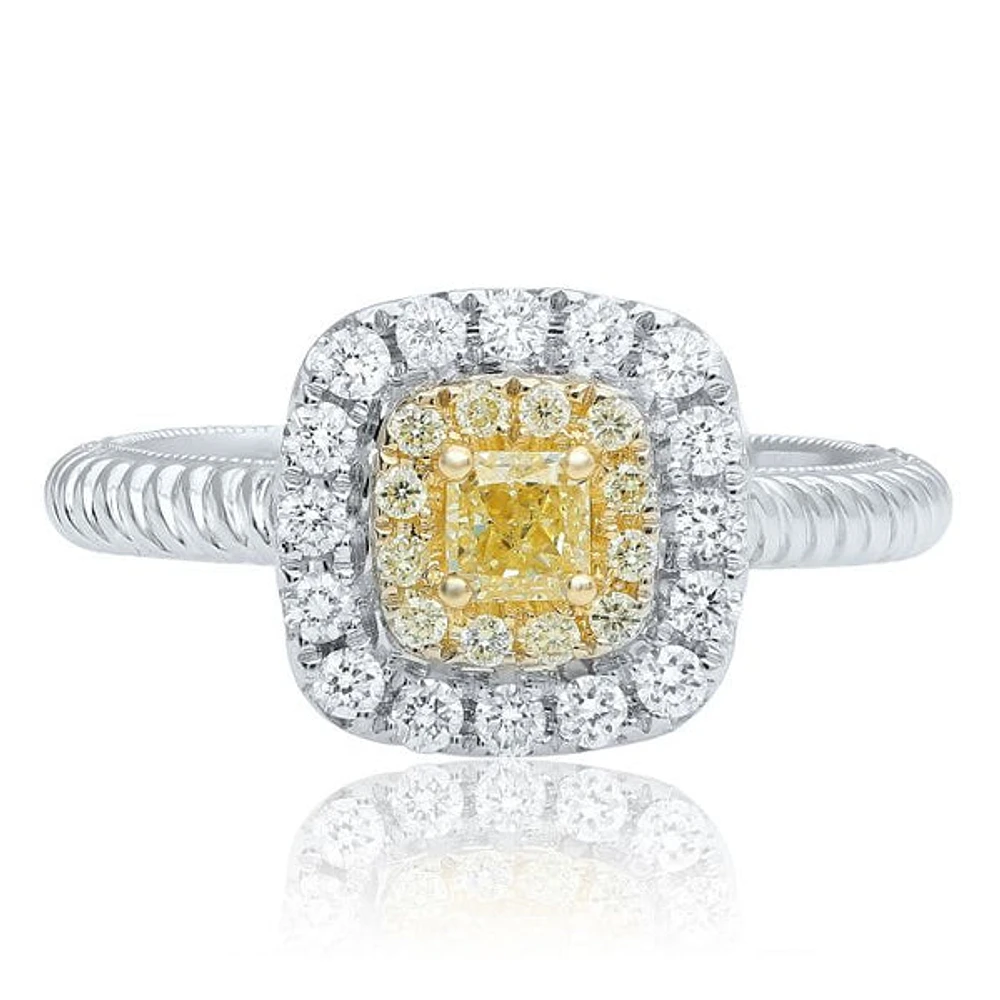 18K 2 Tone Gold Cushion Cut Natural Fancy Yellow and White Diamond Braided Shank Cluster Ring - 4.5
