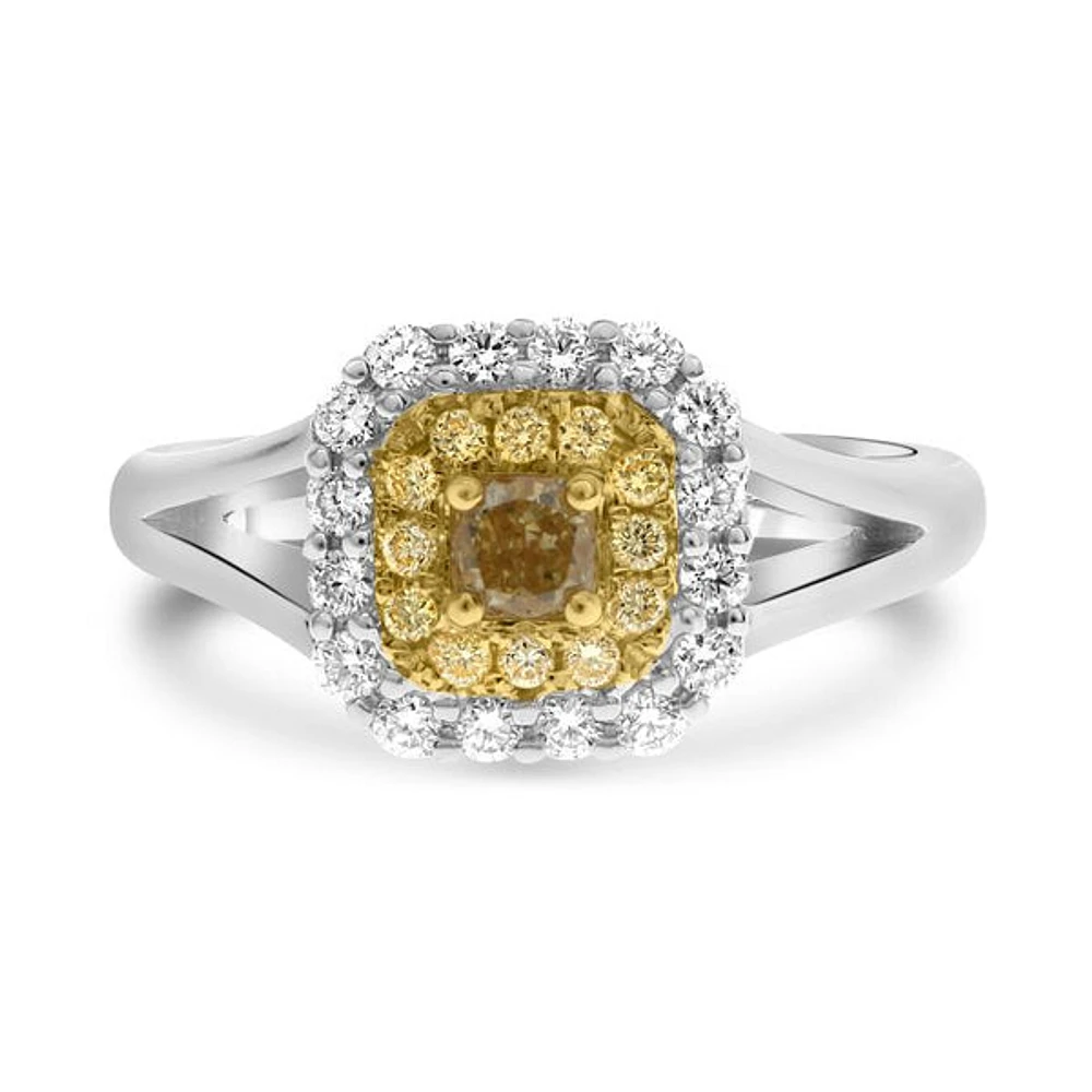 18K 2 Tone Gold Cushion Cut Natural Fancy Yellow and White Diamond Cathedral Set Double Halo Ring