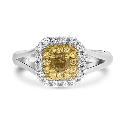 18K 2 Tone Gold Cushion Cut Natural Fancy Yellow and White Diamond Cathedral Set Double Halo Ring