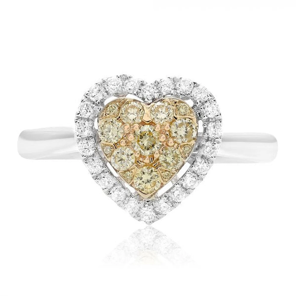 18K 2 Tone Gold Heart-shaped Natural Fancy Yellow and White Diamond Cluster Ring