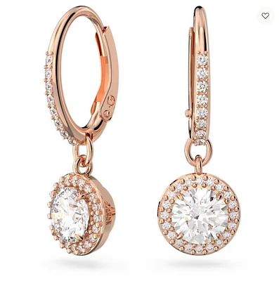 Swarovski Constella/Una drop earrings, Round cut, Pavé, White, Rose gold-tone plated - 5638769/5689688 (SS)